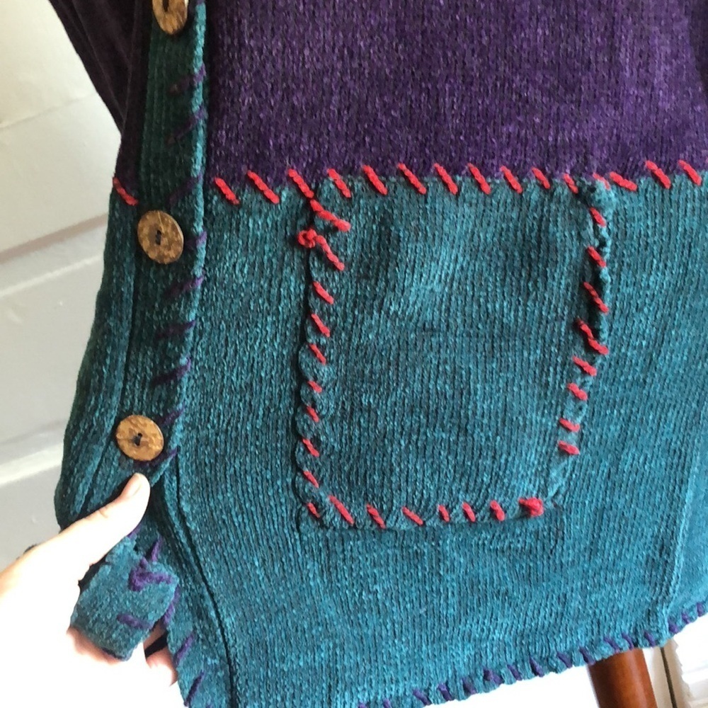 Vintage 90s Studio Works Patchwork Stitch Longline Chenille Knit Cardigan - Picture 9 of 10